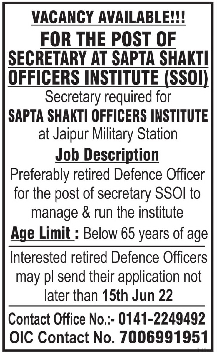 Vacancy Available !! for the post of Secretary at Sapta Shakti Officers Institute (SSOI), Jaipur